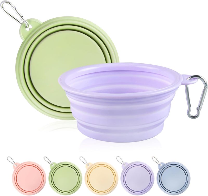 TECOPH Collapsible Dog Bowls 2-Pack, Portable Travel Dog Bowl with Carabiner, Food-Grade Silicone Pet Bowl for Hiking, Walking(Macaron Violet and Green) - Image 1